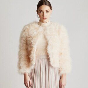 NWOT Ava & Kris Blake Down Feather Jacket Off-White Fluffy Fur Shag Evening Coat